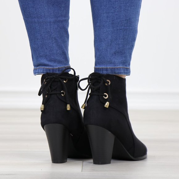 Black Pointed Toe Low Heel Ankle Boots Back Laces Booties Faux Suede - Picture 11 of 15